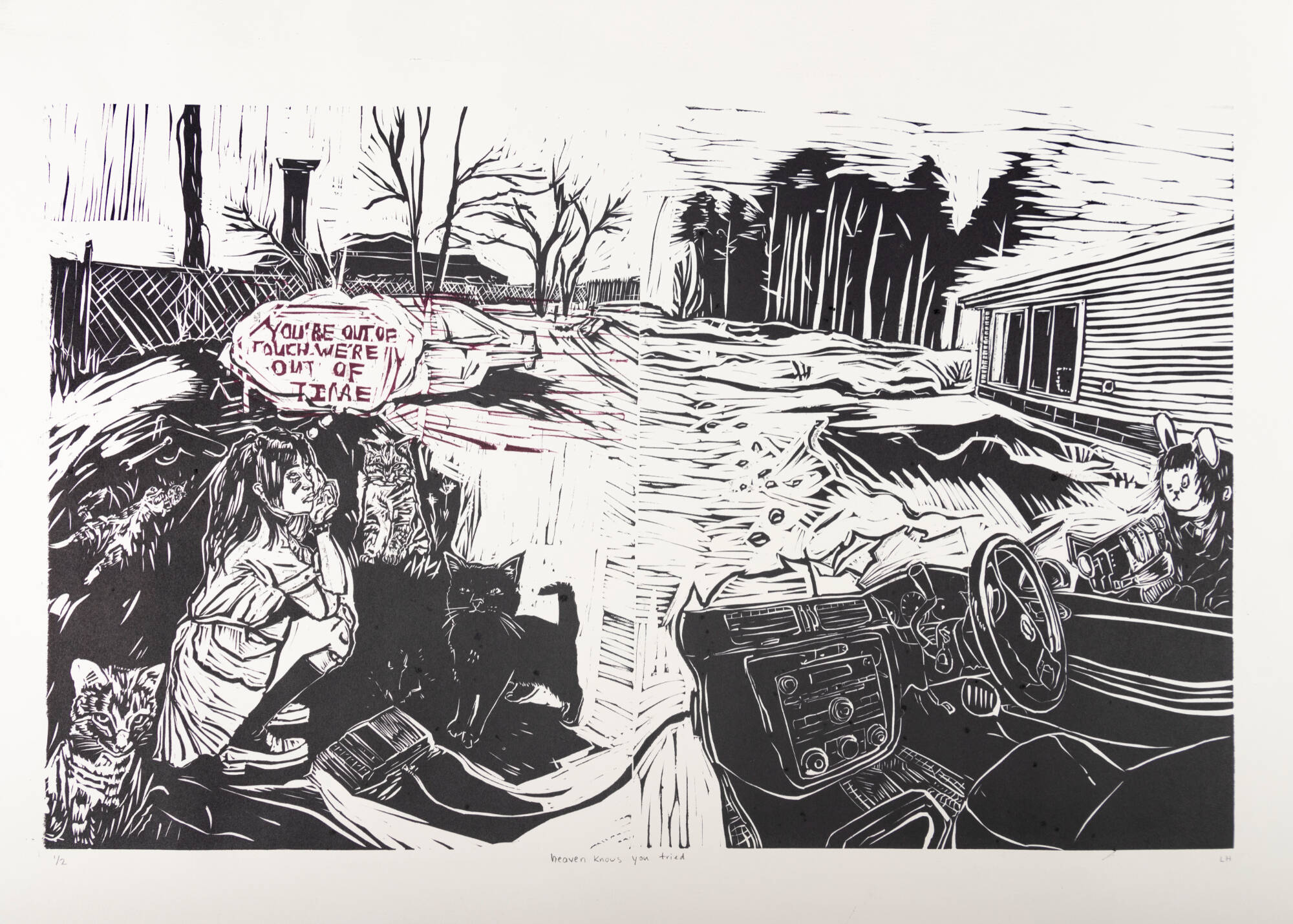 Black and white print with the interior of a car along the bottom right of the image. Bottom left has a girl crouching with cats and the word bubble "You're out of touch we're out of time."